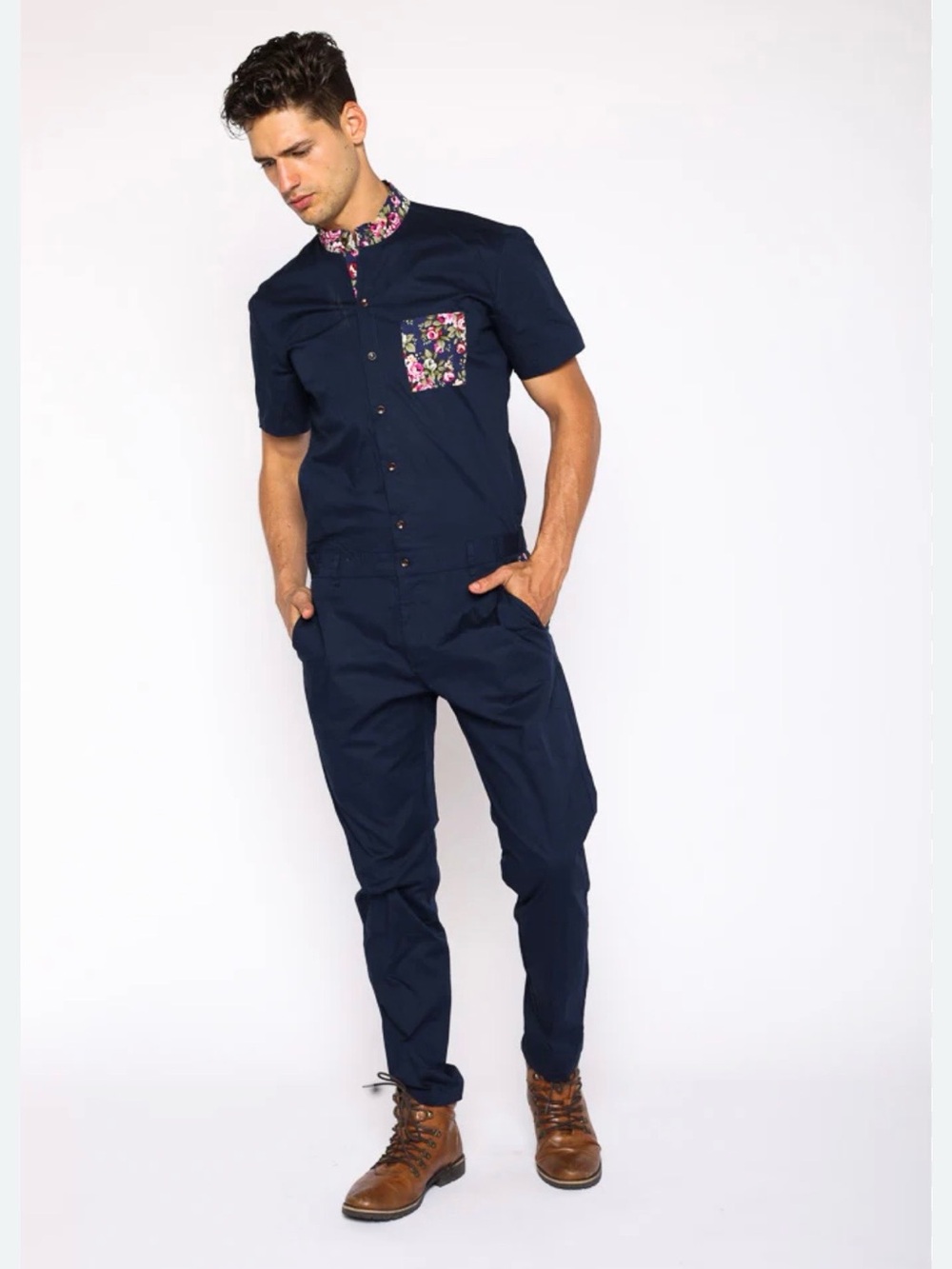 Romper Jack blue men jumpsuit with floral detail